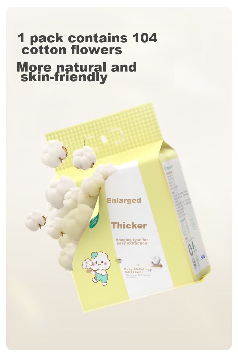 Влажные салфетки PurCotton для малышей, 140 шт., 1 упаковка, мягкие, 100% хлопок, увеличенный размер, утолщенные, с подвесным дизайном.