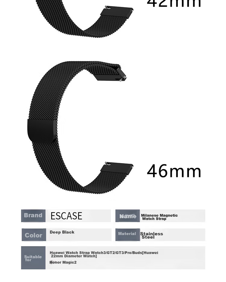 Магнитный ремешок ESCAPE Milanese Loop для Huawei Watch 5, GT4/3/4 Pro/GT3 Pro/Buds, Honor Magic2, черный, 45/46 мм