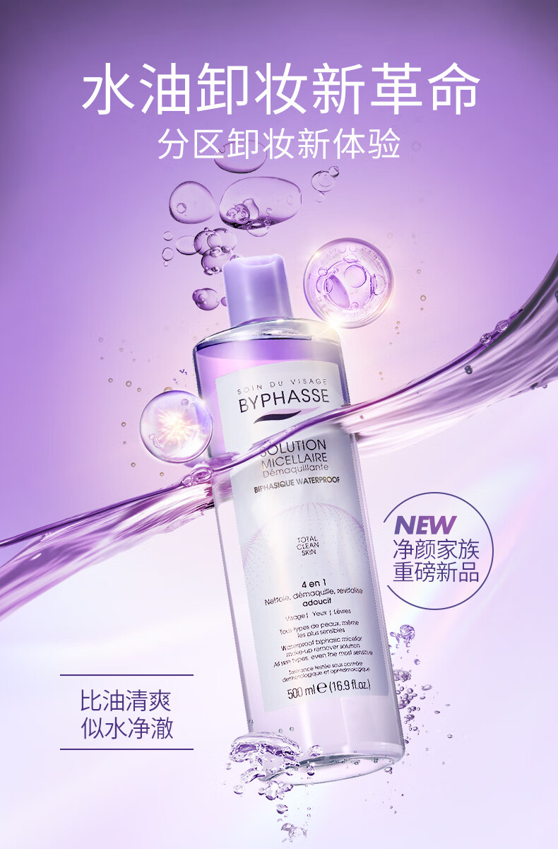蓓昂斯（BYPHASSE）眼唇脸部卸妆液500ml原装进口卸妆水油温和保湿清洁深层清洁卸妆