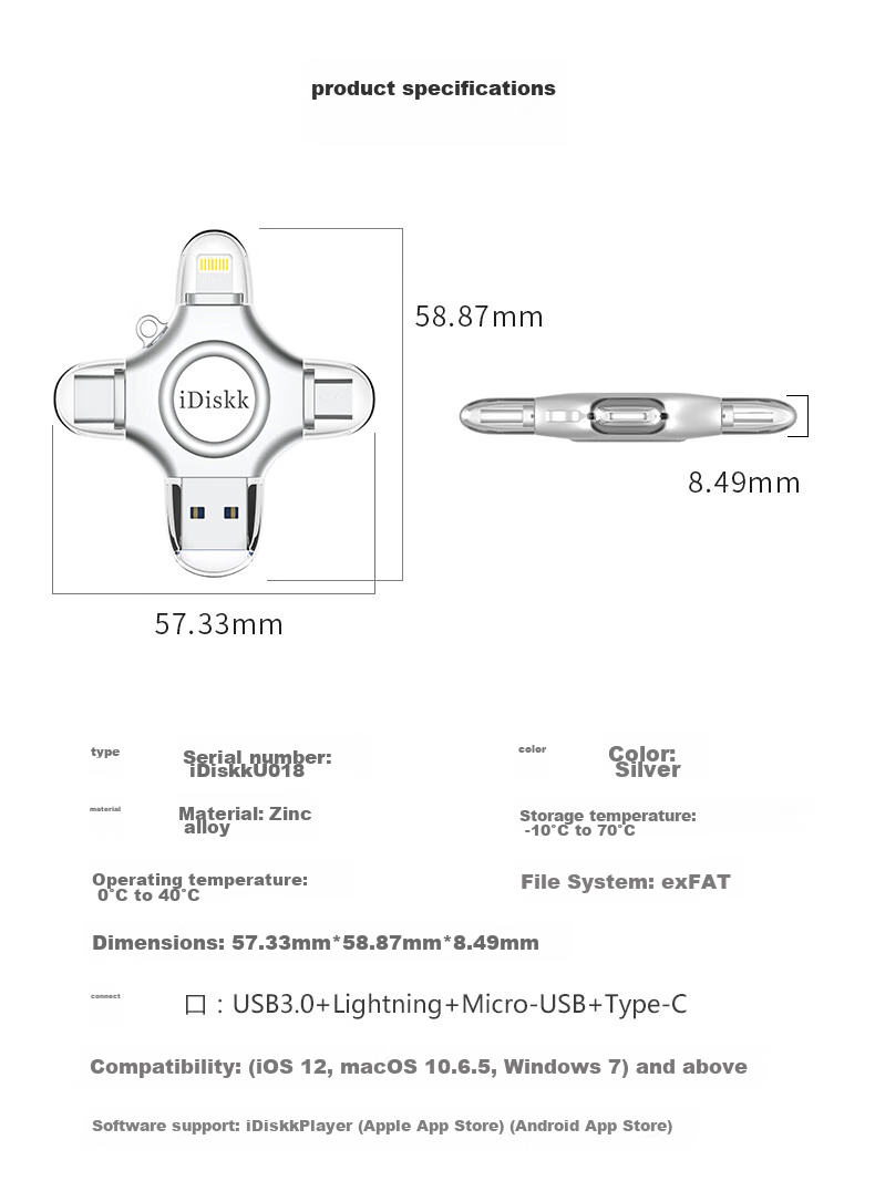 Флеш-накопитель iDiskk U018 512 ГБ, MFi Certified, USB 3.0, Lightning, Type-C, металлический корпус, серебристый