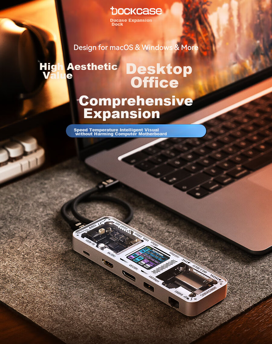 DOCKCASE Multi-Case Intelligent Visualized 10-In Expansion Dock Type-C с U2 Card Slot Gigabit Ethernet Port, USB3.2 HDMI Converter DP Interface 8K Screen Mirroring для MacBook Desktop