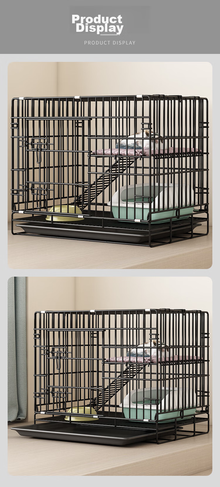 【黑色铁丝猫笼】长60–42–50 см-详情_10.jpg