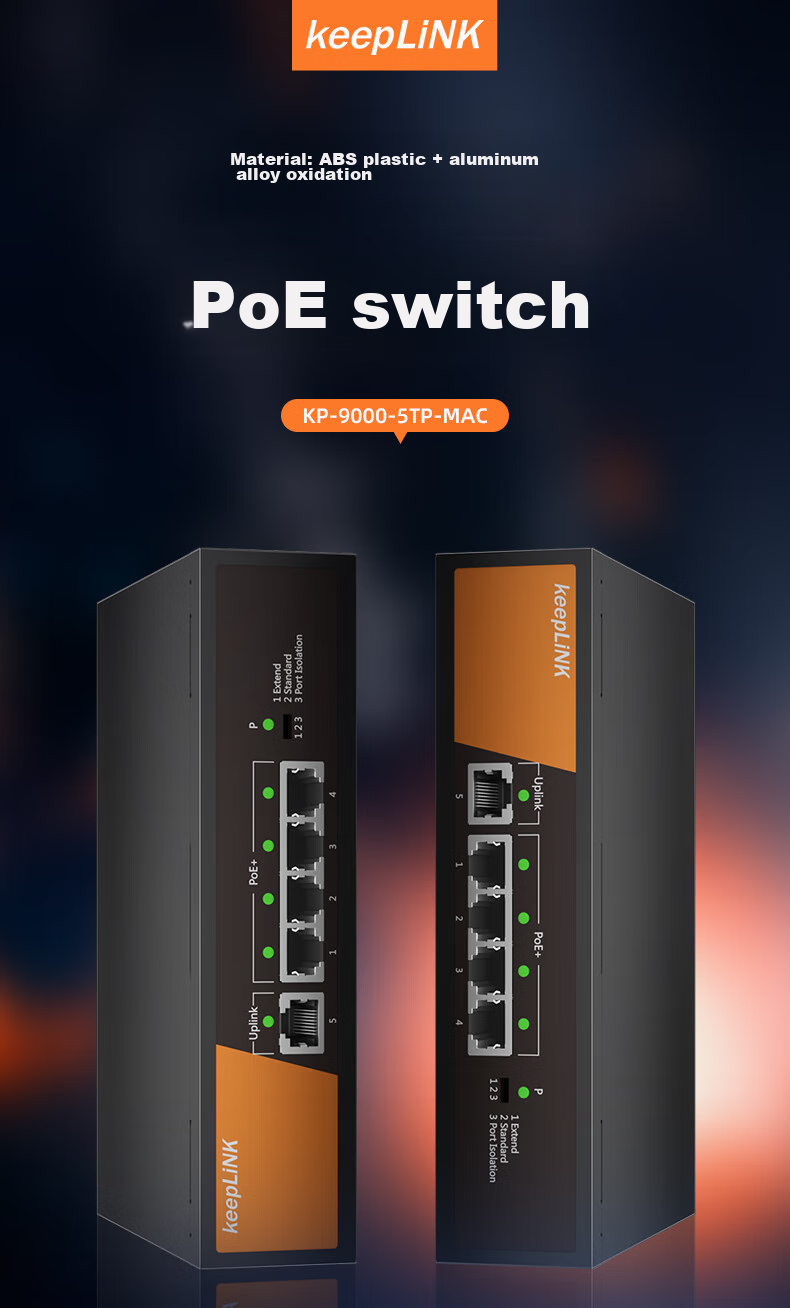 Коммутатор KeepLINK KP-9000 5-портовый 100 Мбит/с с 4 PoE портами, двойным аплинком, интеллектуальным сплиттером мониторинга, разделителем корпоративного класса