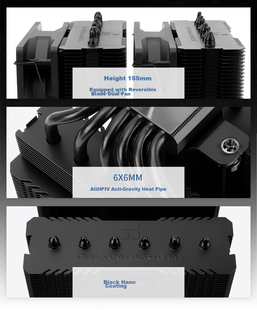 Кулер для процессора Thermalright Peerless Assassin 120 SE BLACK, воздушное охлаждение, 6 тепловых трубок, двойные башни, вентиляторы 120 мм, высота 155 мм, черный