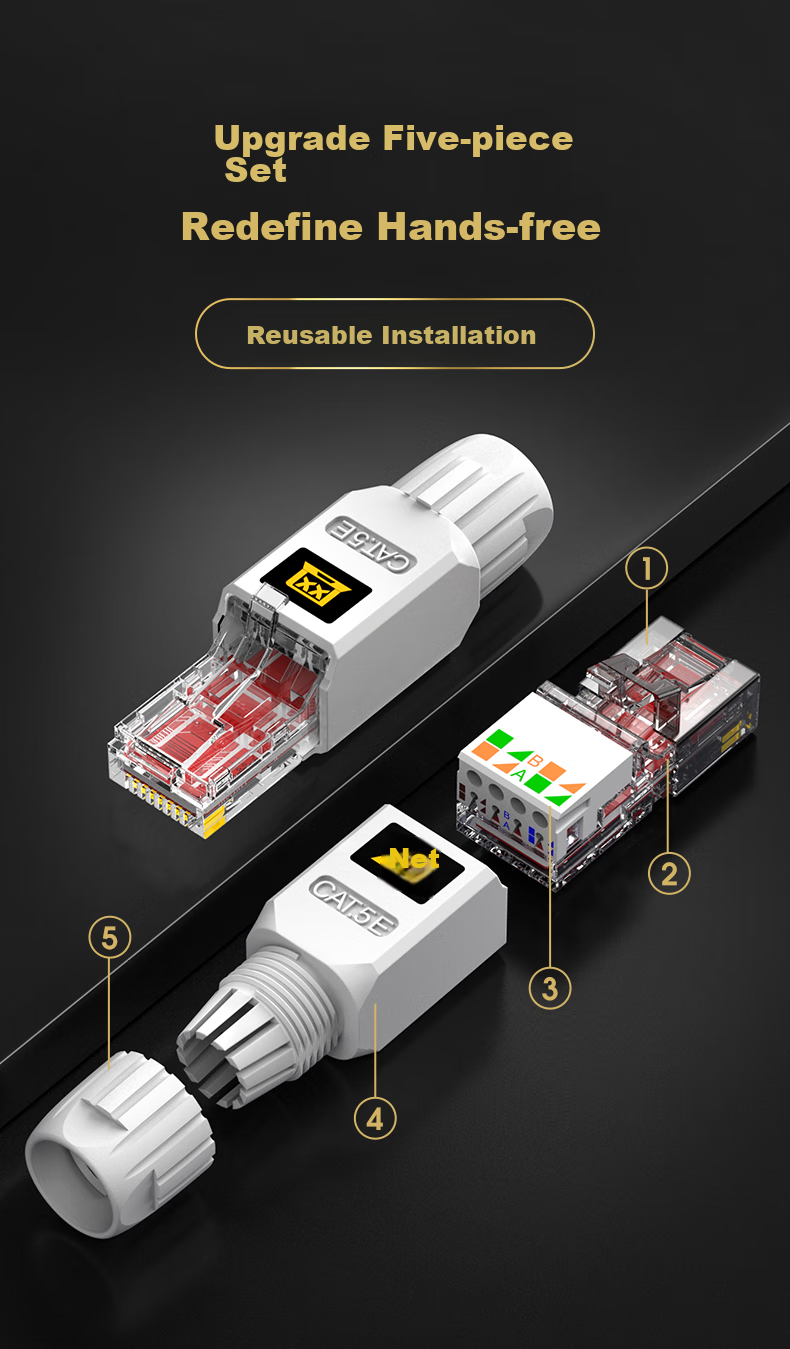 Сетевой коннектор WANJEED Cat5e без инструмента, неэкранированный, для высокоскоростной передачи данных, черный WJ-15148