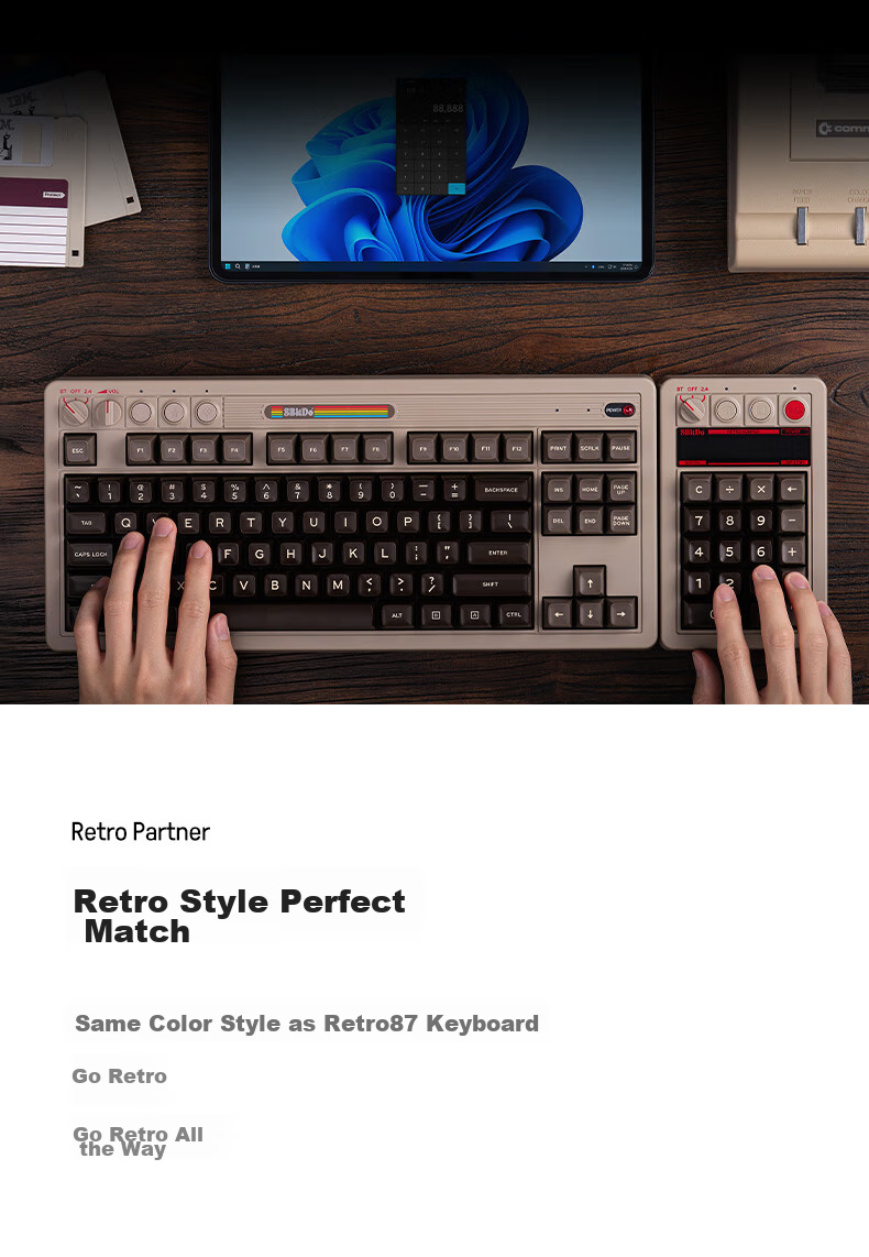 Компактная механическая клавиатура 8BitDo Retro18 Digital Keyboard, 3 режима подключения (Bluetooth, 2.4G, проводное), белая