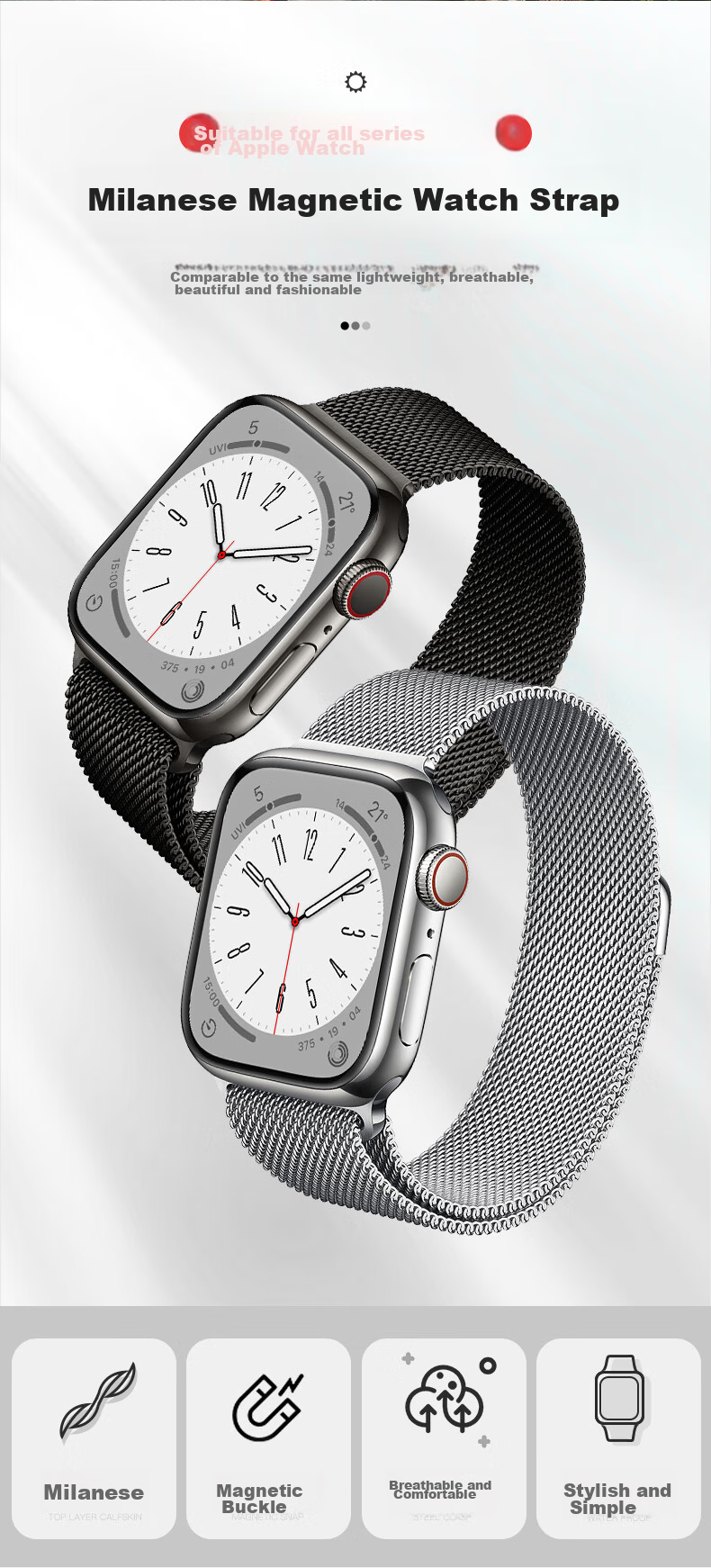 Ремешок BHO Milanese Loop из нержавеющей стали с двойной магнитной застежкой для Apple Watch Series 11/Ultra/SE/3/2, S10/9/8, 44/45/46/49 мм, цвет "Звездный свет"
