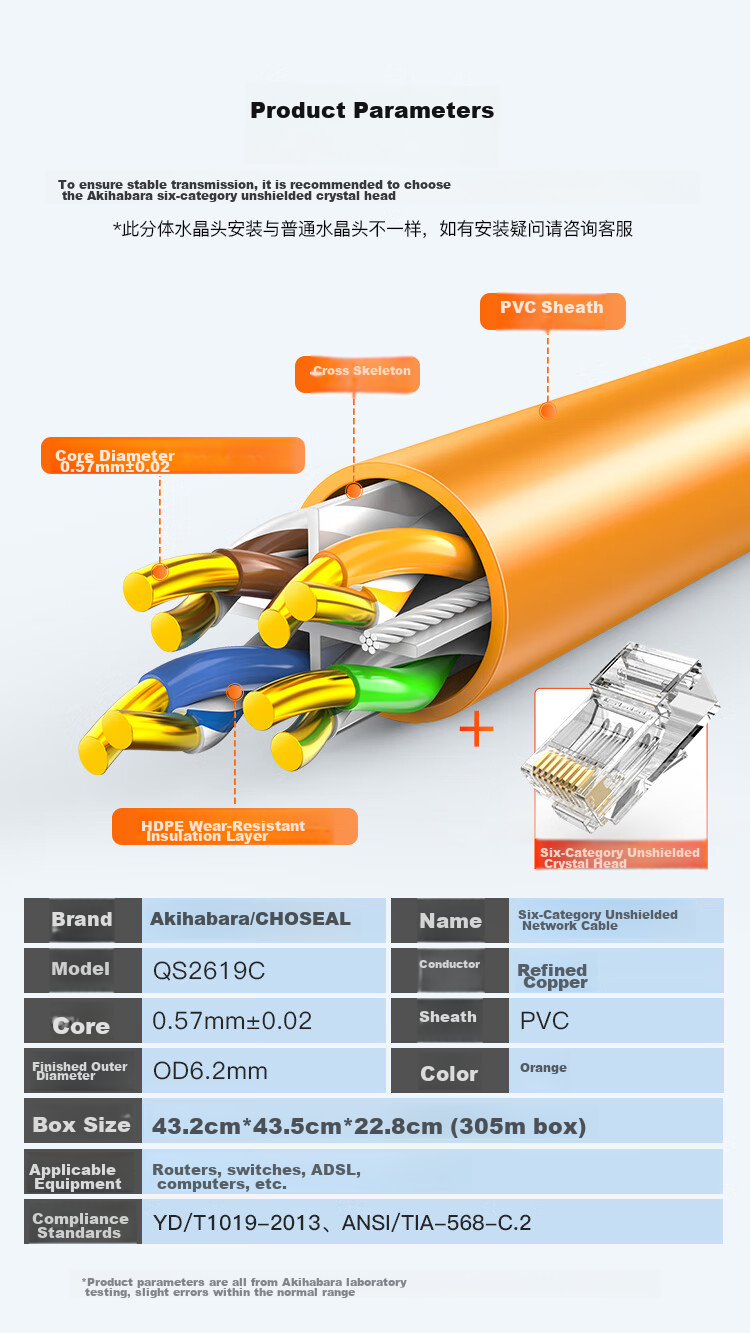 Сетевой кабель CHOSEAL CAT6 U/UTP, 100 метров, оранжевый, чистая медь, неэкранированный, для гигабитной сети