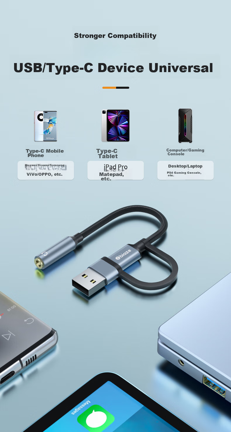 Внешняя звуковая карта BIAZE Type-C/USB, с ЦАП, для подключения к ПК, ноутбуку, телефону, конвертер 3.5 мм для наушников, микрофона, динамиков