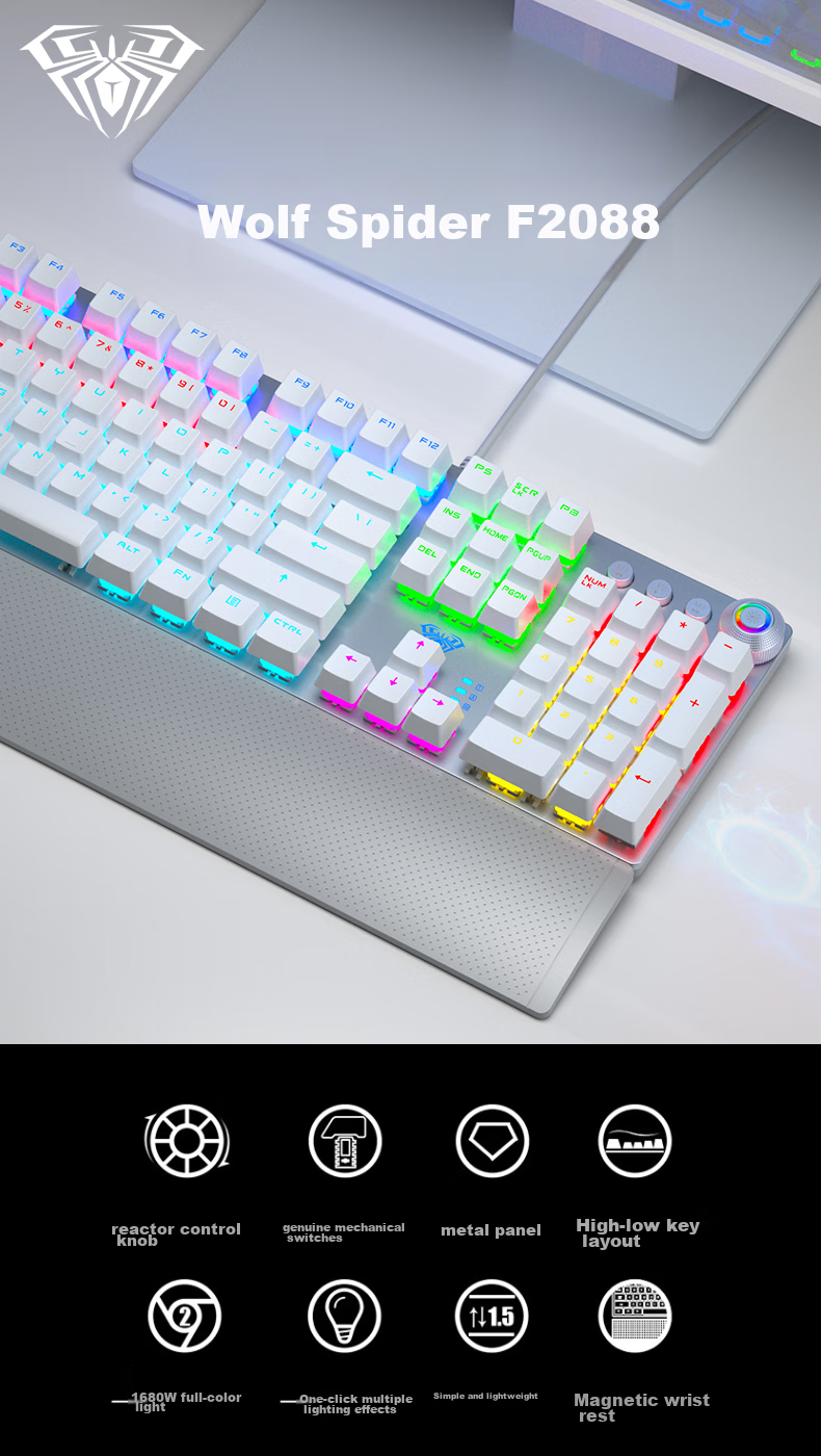 Механическая клавиатура AULA F2088 Wired Gaming Keyboard, 104 клавиши, серебристо-белый цвет, синий переключатель, Elite Edition