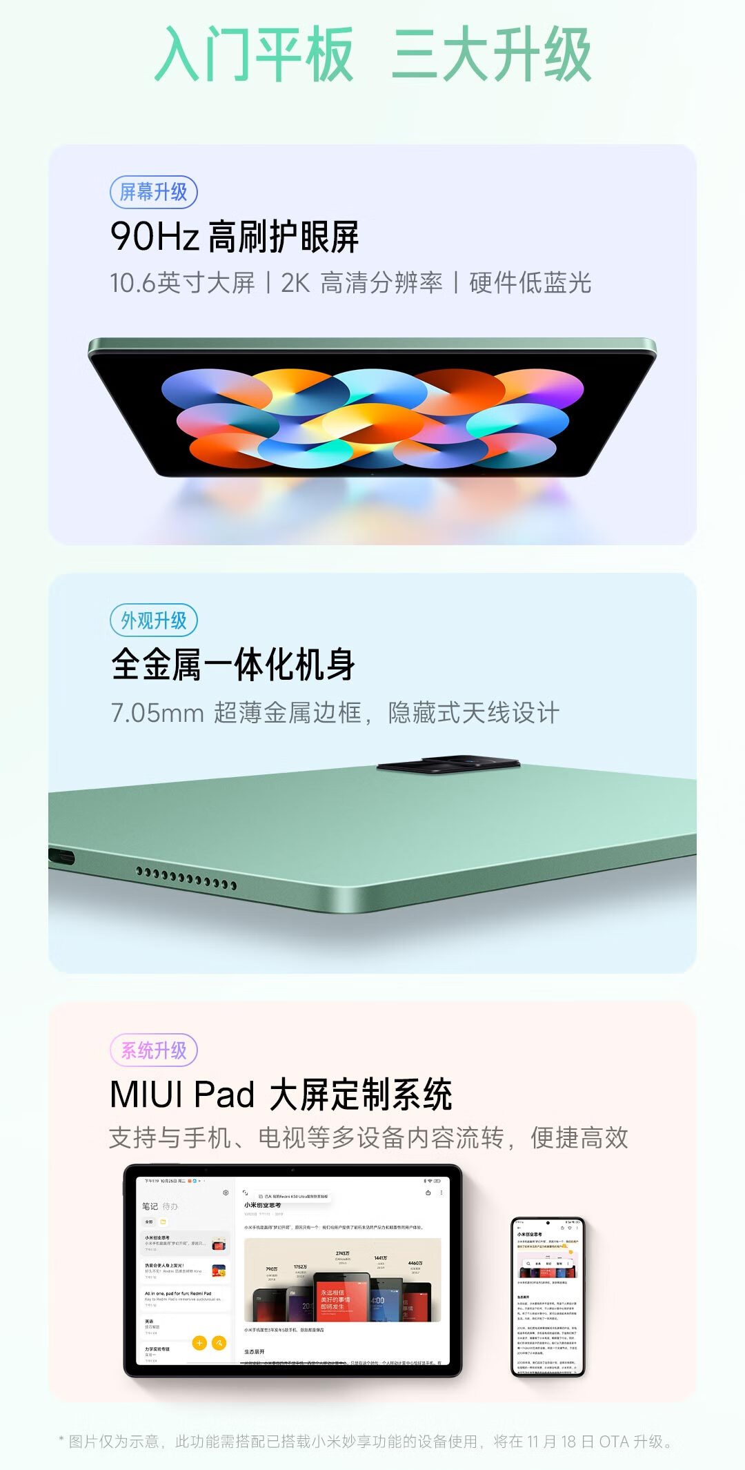 Redmi Pad红米平板10.6英寸 90Hz高刷 2K屏 4G+128GB 双重护眼娱乐办公学生网课平板电脑 WIFI 烟青绿 小米