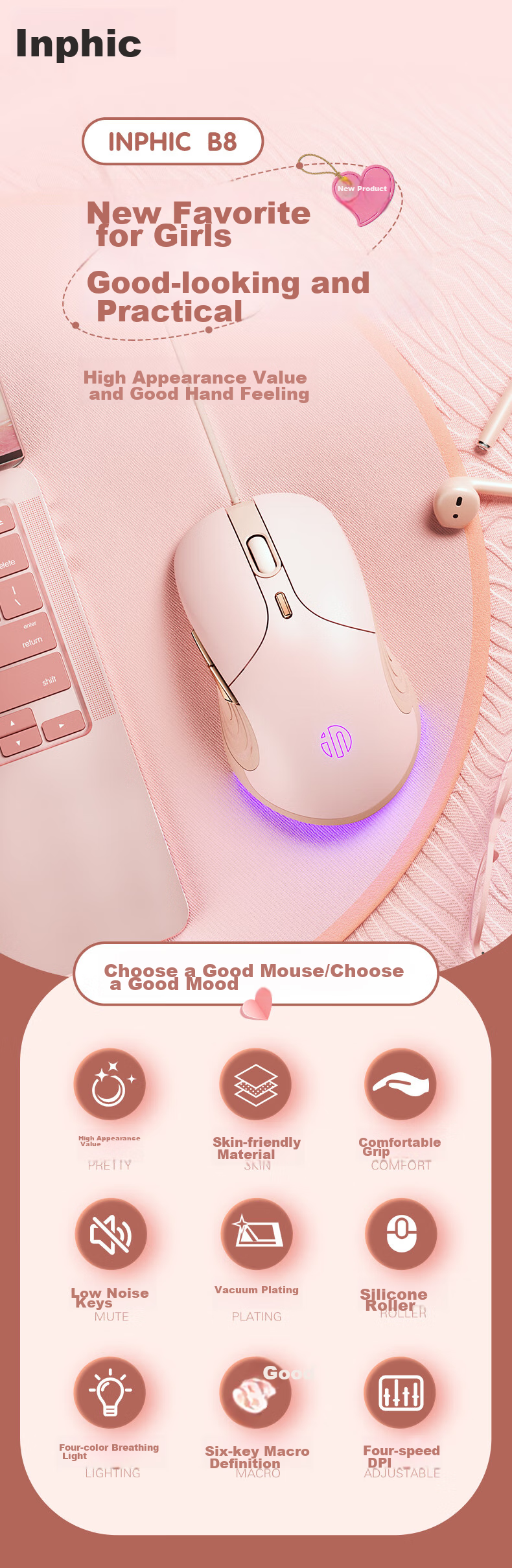 Игровая мышь INPHIC B8, проводная, макросы, бесшумная, эргономичная, USB, цвет молочный чай