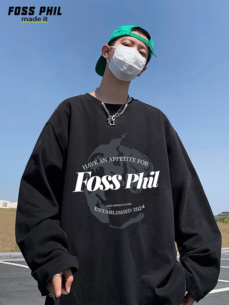 Футболка с длинным рукавом Foss Phil из чистого хлопка для мужчин, трендовая повседневная футболка оверсайз на осень, унисекс, с круглым вырезом, FPCT3, черная, XL