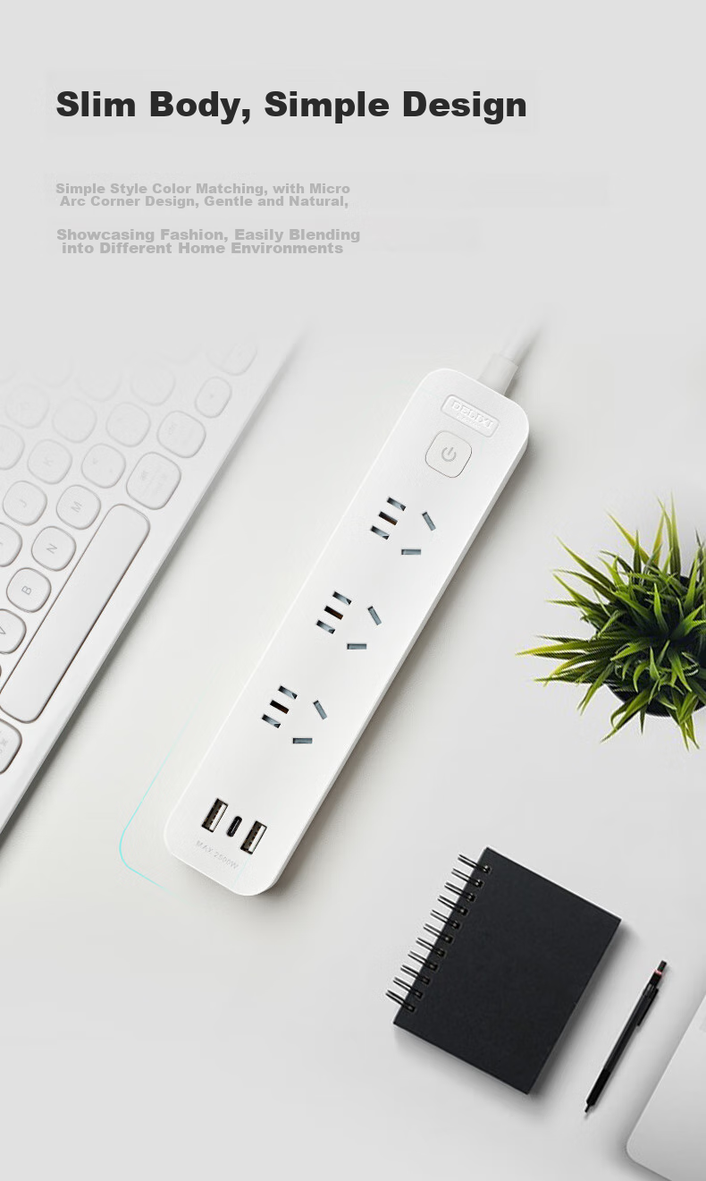 Сетевой фильтр DELIXI с USB-портами, 2 розетки, 1 USB Type-C, 1.8 метра, белый