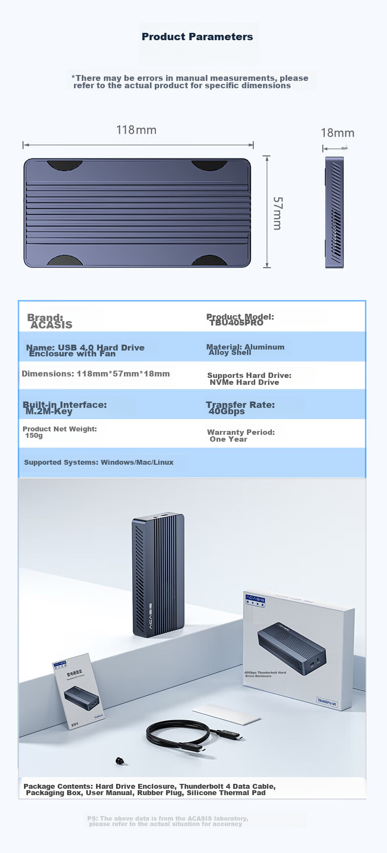 Внешний корпус Acasis TBU405ProM1 USB 4.0 NVMe M.2, 40 Гбит/с, Thunderbolt 5/4/3, для Apple Mac Mini, ноутбука, SSD