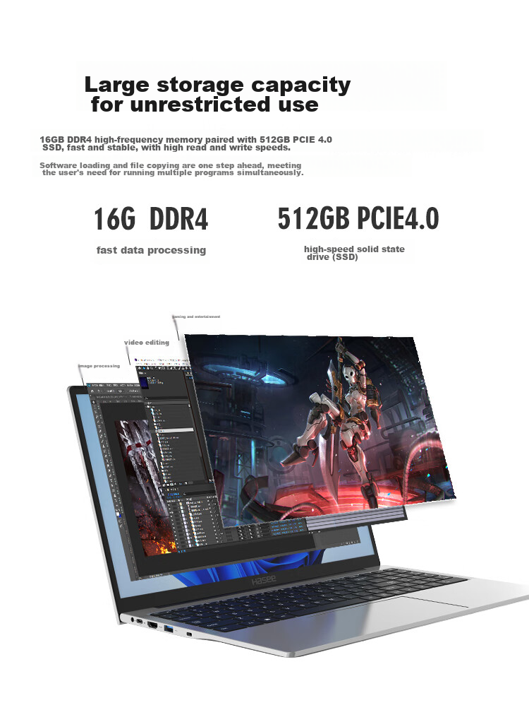 Ноутбук HASEE Elegant X6, 16 дюймов, Intel Core i5-12450H, 16 ГБ ОЗУ, 512 ГБ SSD, Wi-Fi 6, серебристый