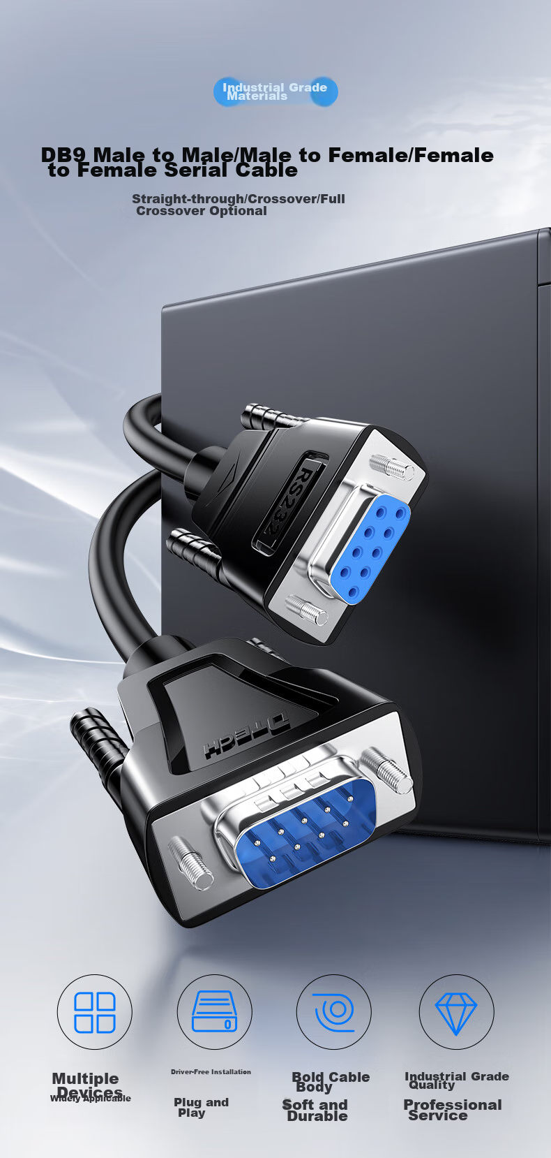 Кабель DTECH RS232 Serial Cable, DB9 Male to Male, COM Port, 2 метра, DT-9005A