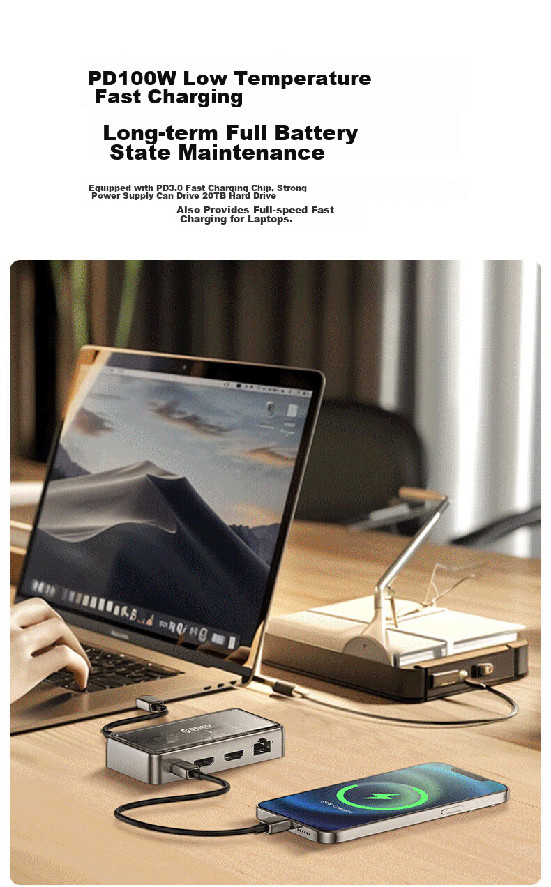 Многофункциональный USB-C хаб ORICO TM10-7P, 7-в-1, HDMI 4K@60Hz, 2.5G Ethernet, PD 100W, USB 10Gbps, аудиоразъем 3.5мм, алюминиевый сплав, серый