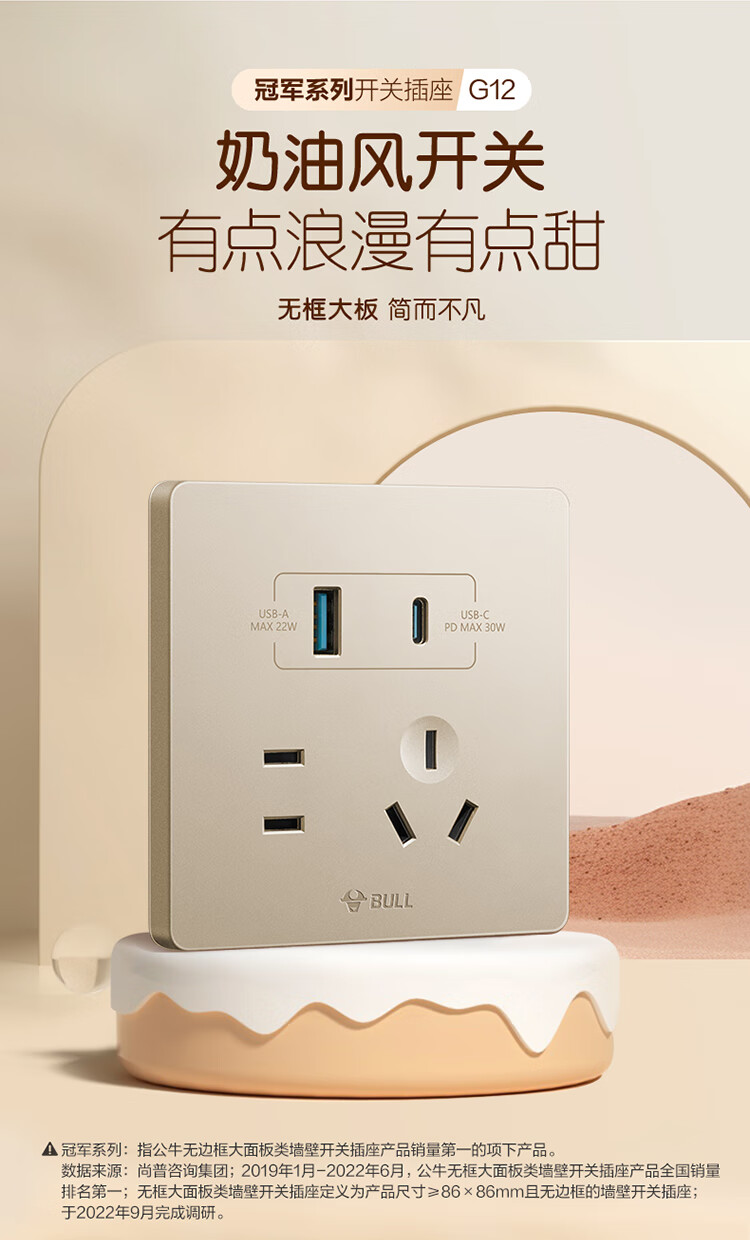 BULL G12E537 Розетка с USB+Type-C, 30W Fast Charging, Cream Style Starry Gold