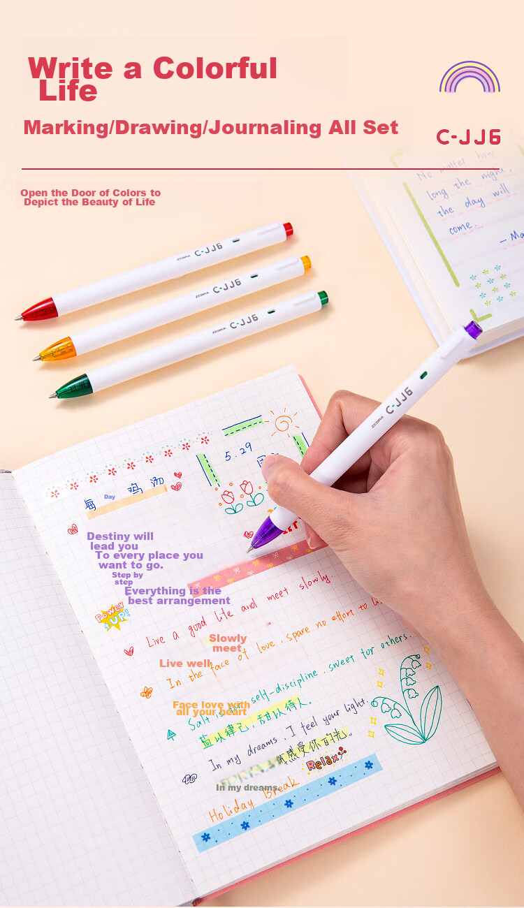 ZEBRA Rainbow Retractable Gel Pen, 0.5mm Bullet Tip Signing Pen, Colorful Student Drawing Marking Coloring Journal Pen Ink Pen C-JJ6 Blue-Black Single Pe