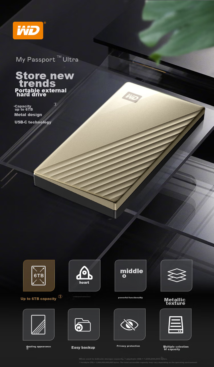 Внешний жесткий диск Western Digital My Passport Ultra, 4 ТБ, Type-C, 2.5 дюйма, золотой, механический, внешний, шифрованный, совместимый с Mac, большой емкости для домашнего хранения