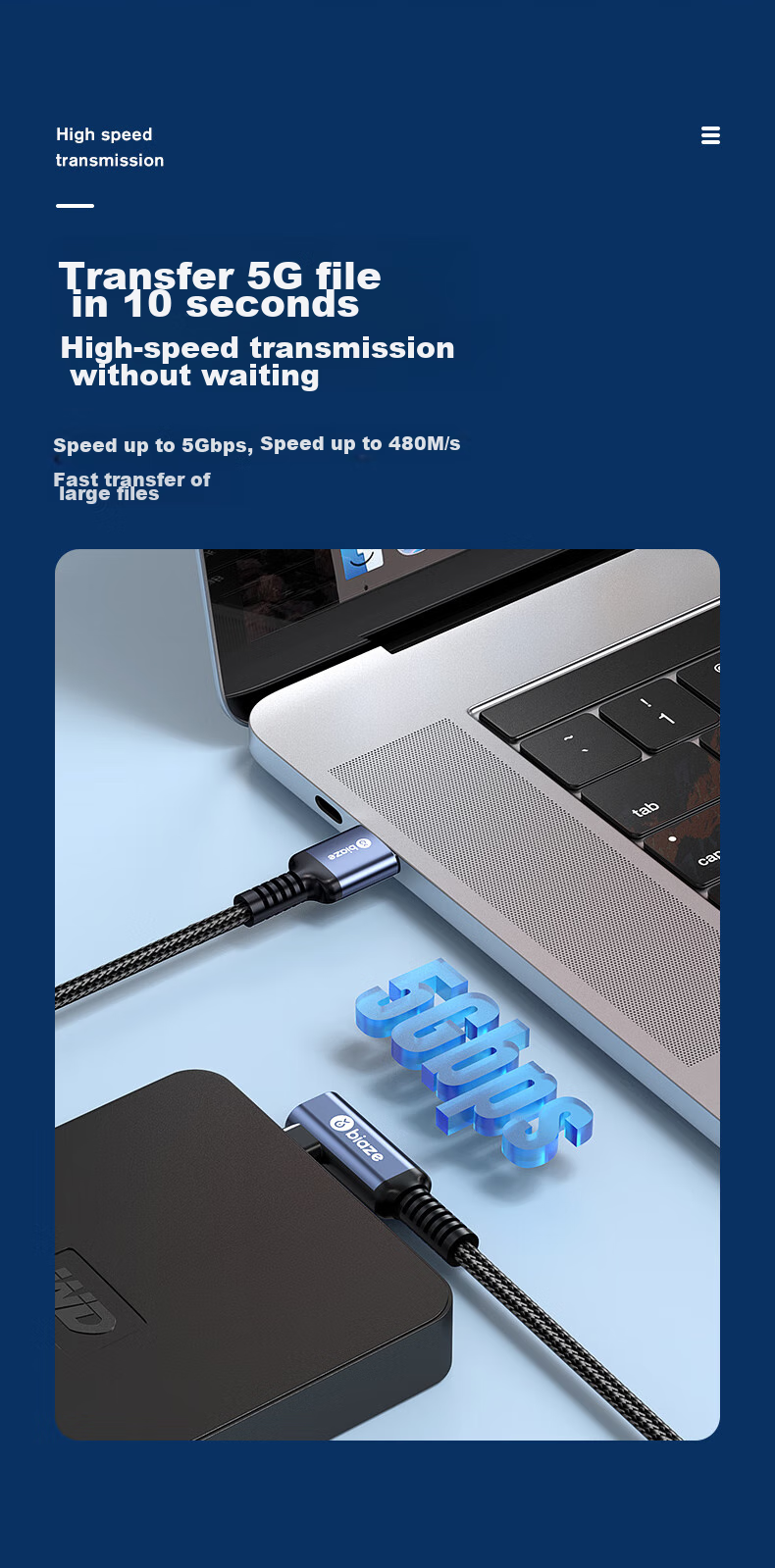 Кабель BIAZE VR Link Streaming USB 3.0 Type-C, 5 метров, для Oculus Quest 2/1