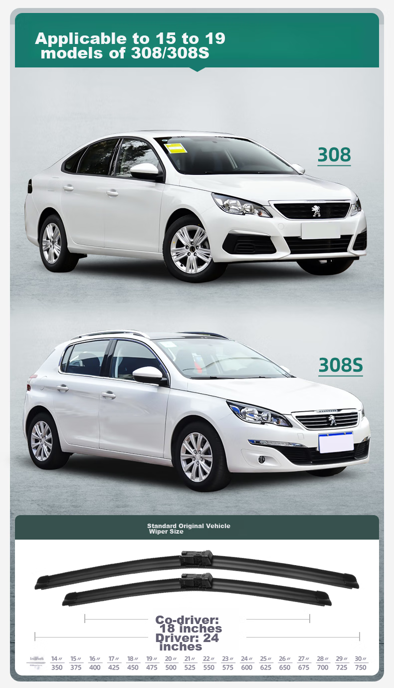 Дворники Xufengcheshi (XUFENG) для Dongfeng Peugeot 308 (2016-2019), Peugeot 308S, бескаркасные, 24/18 дюймов