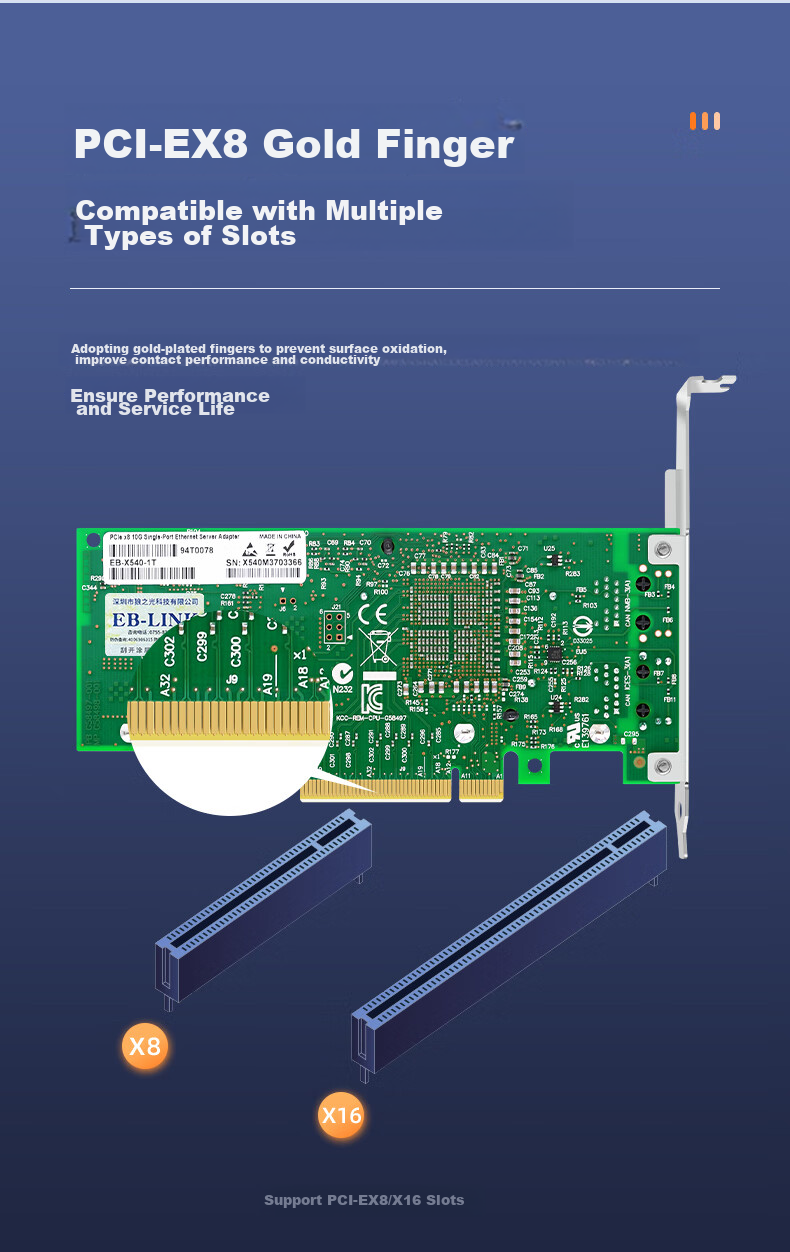 Сетевая карта EB-LINK X540-T2, 2 порта 10G RJ45, чипсет Intel X540, PCI-E x8
