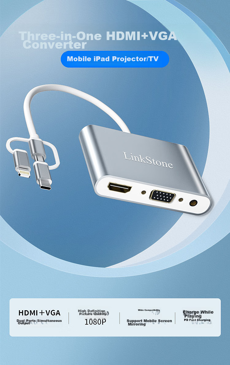 Адаптер LinkStone для зеркалирования экрана, конвертер Lightning на Type-C, док-станция HDMI/VGA, кабель для зеркалирования экрана 3-в-1, трехъядерный адаптер для телефона на ТВ