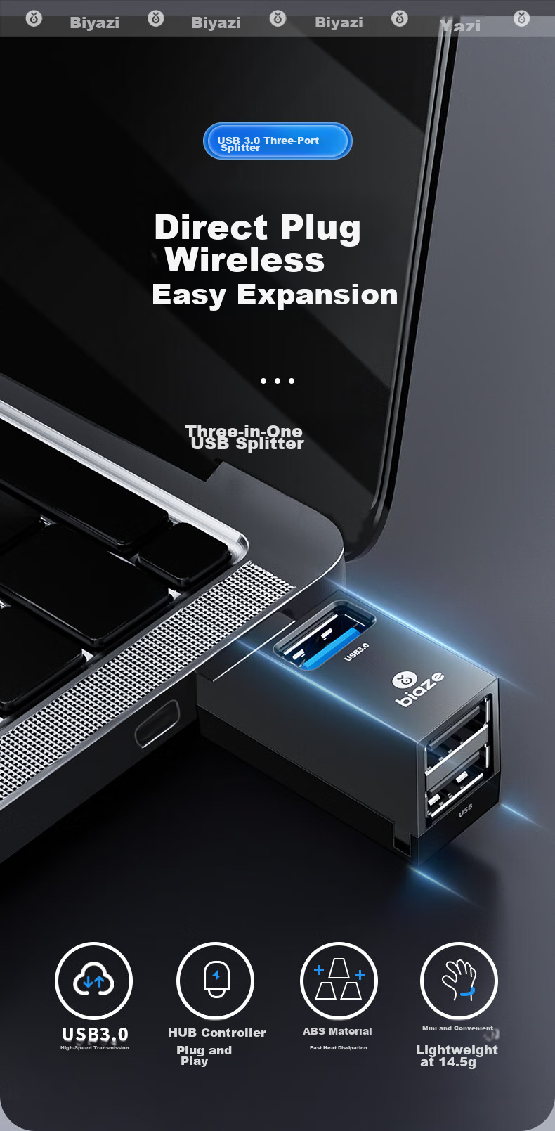 USB-хаб BIAZE Type-C, 3 порта USB 3.0, переходник-разветвитель для MacBook