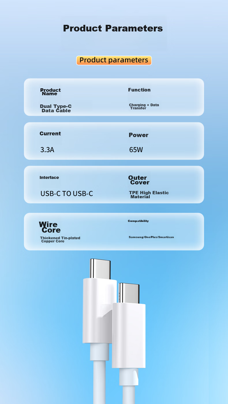 Кабель Trendsetter Dual Type-C 65W, 1м, белый, для быстрой зарядки телефонов Huawei, Xiaomi, Vivo, Samsung, OPPO