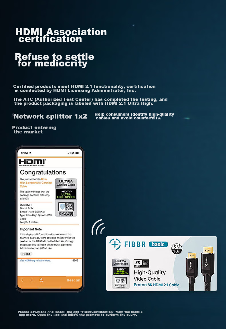 Кабель HDMI FIBBR версии 2.1, сертифицированный, 4K120Hz/8K60Hz, для приставки, проектора, большого телевизора, видеокабель, 1 метр