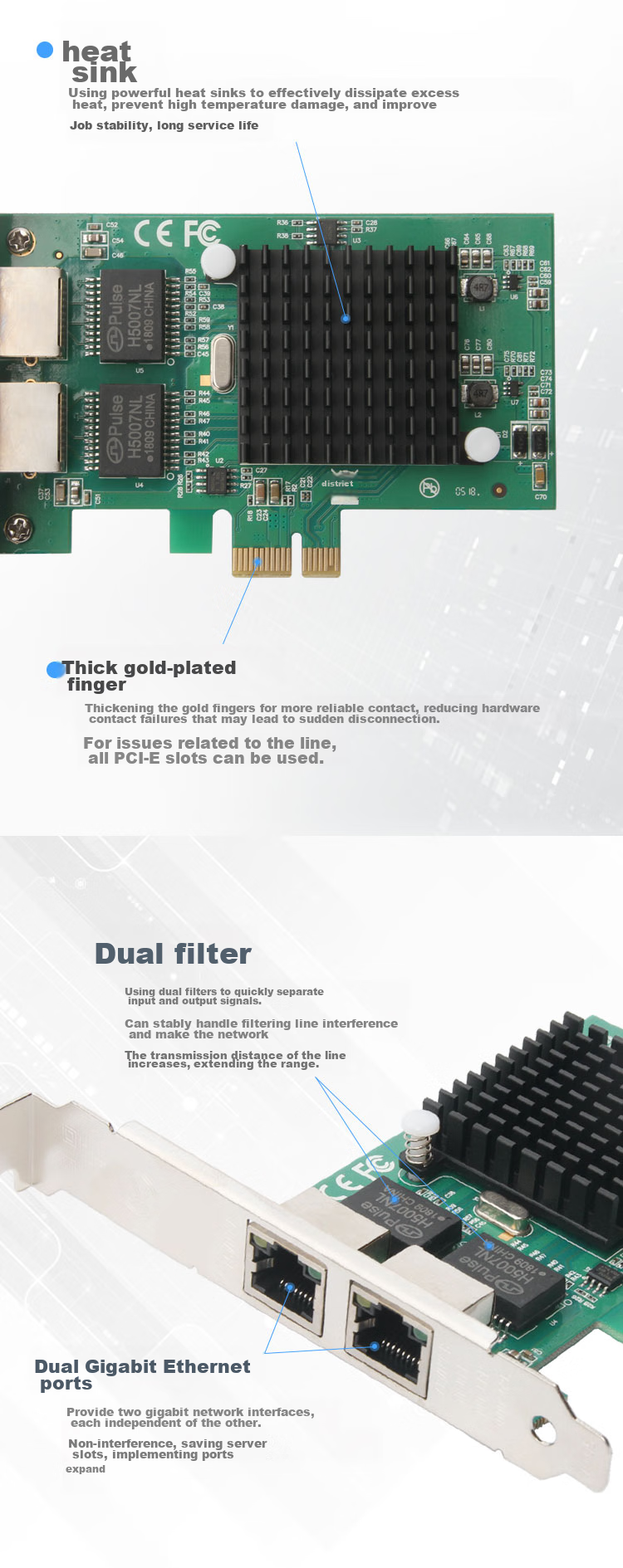 Сетевая карта MOGE MC2254, PCIe Gigabit, двухпортовая, на чипе Intel 82576