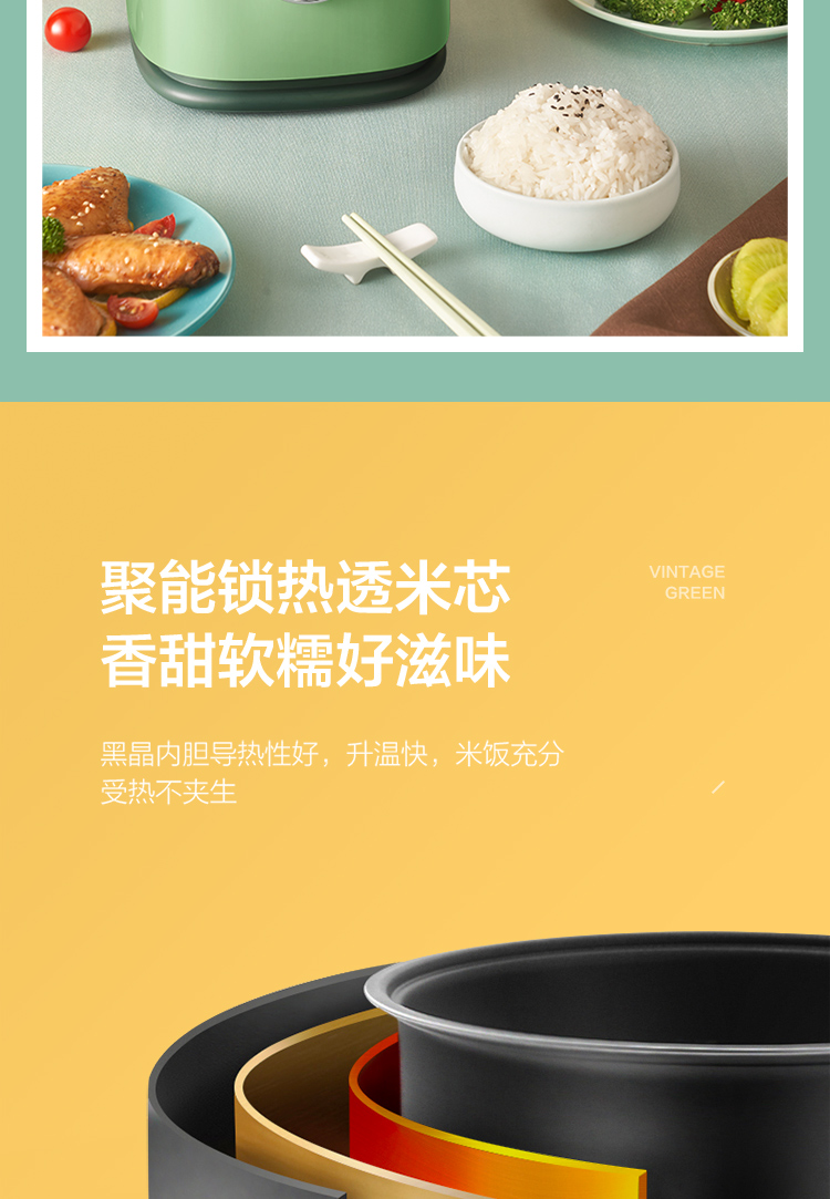 美的（Midea）电饭煲1.2L家用迷你智能萌趣电饭煲黑晶内胆电饭煲FB12Q1-418C复古绿小型电饭锅（推荐1-2人）