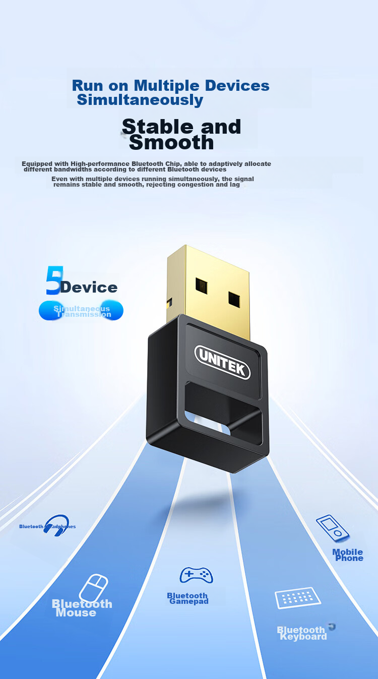 Адаптер UNITEK USB Bluetooth 5.3, приемник Bluetooth для ПК, беспроводное подключение для мыши, клавиатуры, наушников, колонок, модель B108A