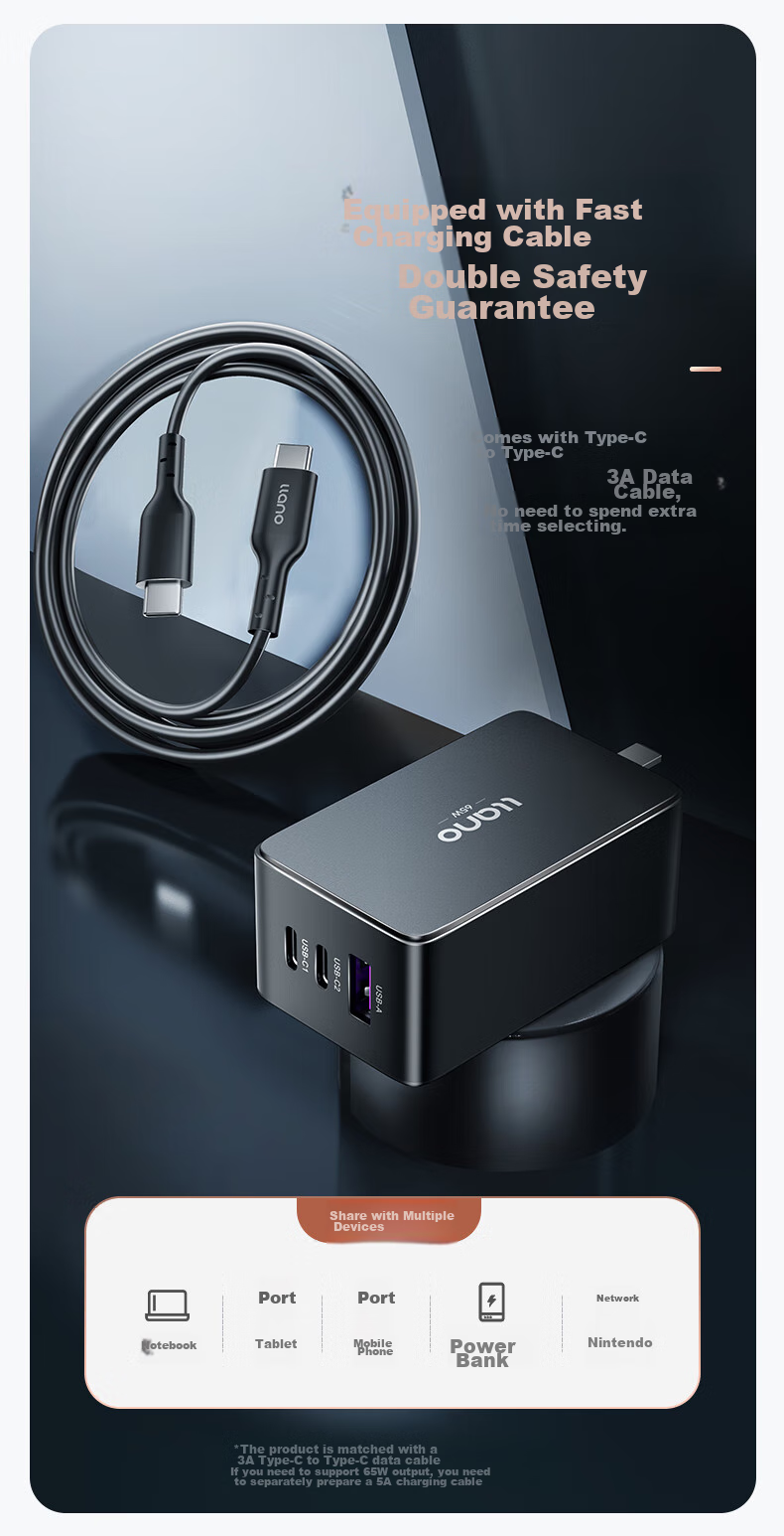 Llano 65W GaN зарядное устройство для ноутбука, Type-C кабель, быстрая зарядка PD, совместимое с MacBook, Xiaomi, Huawei, Lenovo, Apple, адаптер питания