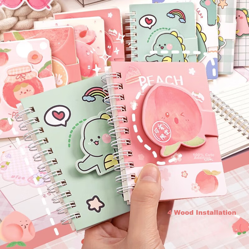 Блокнот Sijinianhua Pocket Magic Tape Binding Portable Cartoon Spiral Notebook, Portable Handheld Journal, Четыре книги - Персиковый сок