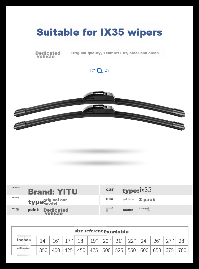 Бескаркасные щетки стеклоочистителя YITU для Hyundai ix25/ix35 (2015-2017), 2 шт., 26 и 16 дюймов, резиновая полоса, U-образное крепление