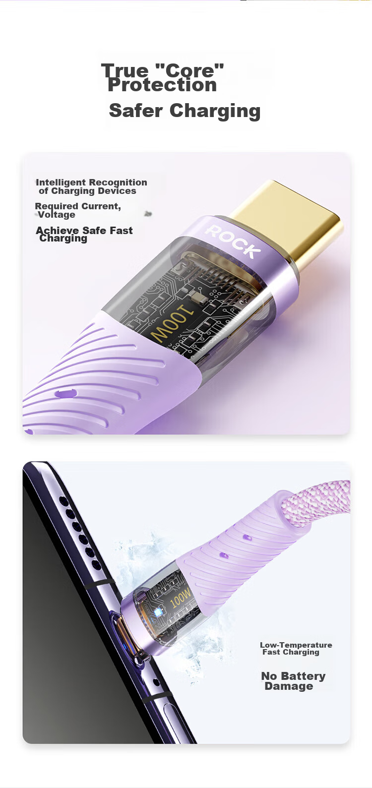 Кабель ROCK Type-C to Type-C, PD 100W, 5A, 1.2м, фиолетовый