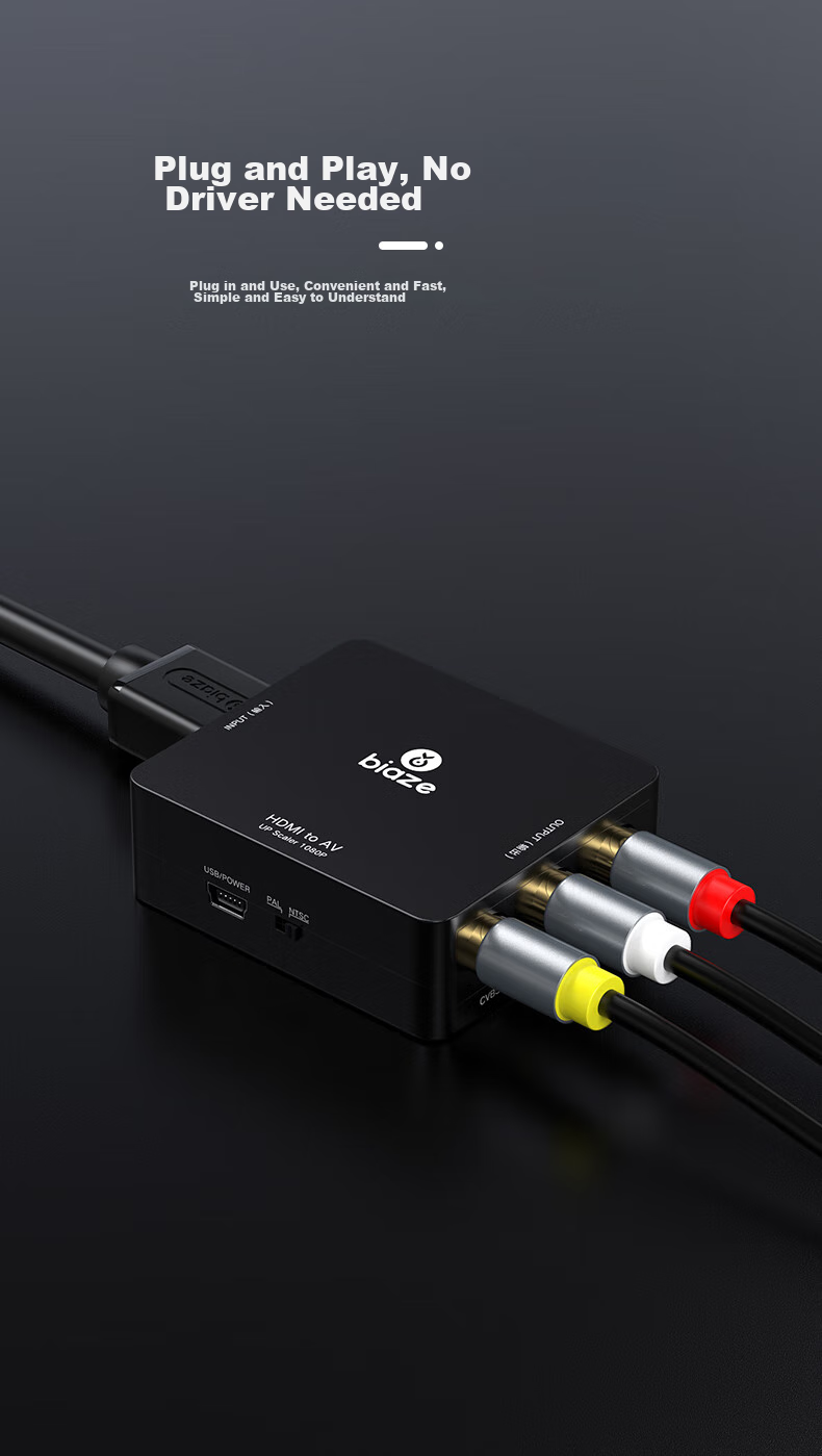 Конвертер BIAZE HDMI в AV (3RCA) с USB-питанием, для подключения ноутбуков, ТВ-приставок к телевизору, 1.8 м