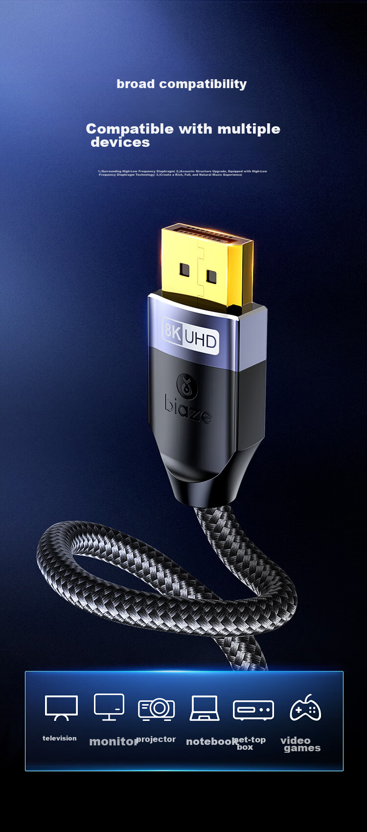 Кабель BIAZE DisplayPort 1.4, 8K, 3 метра, 4K240Hz, для подключения видеокарты к монитору, черный