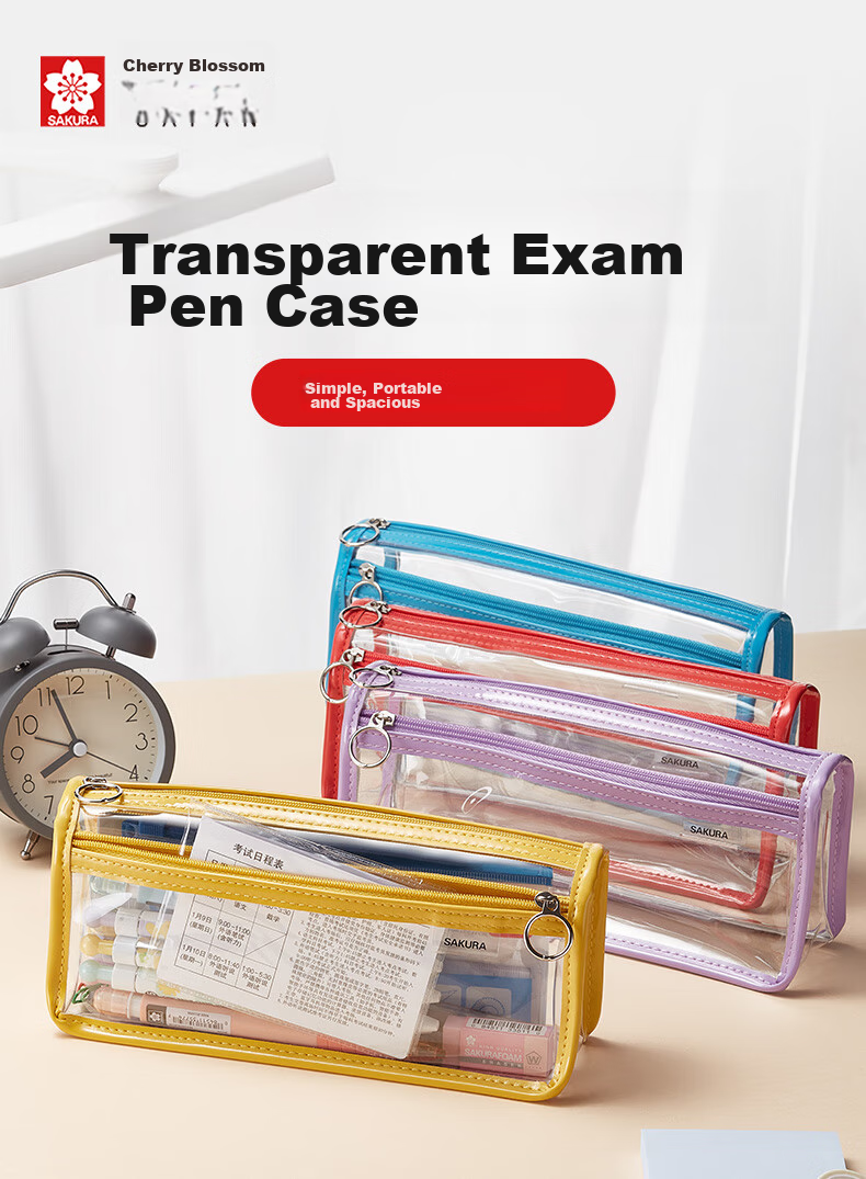 Пенал SAKURA Transparent Exam Pencil Case, фиолетовый, с двойной молнией, для учеников