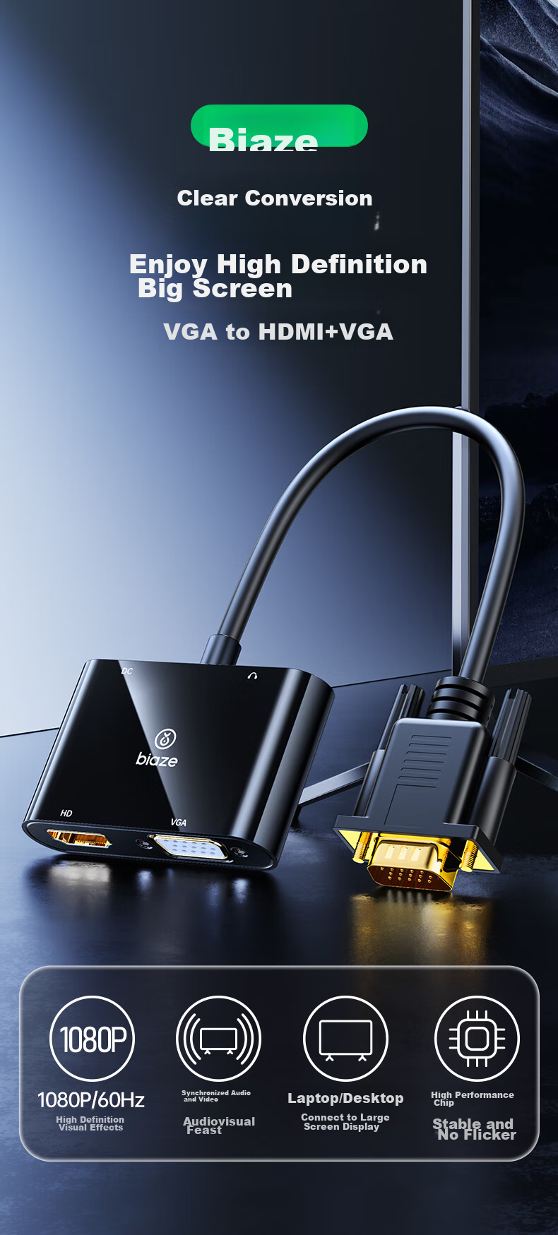 Конвертер BIAZE VGA в HDMI + VGA с аудио, разветвитель, удлинитель, один вход два выхода, подключение компьютера к телевизору или проектору