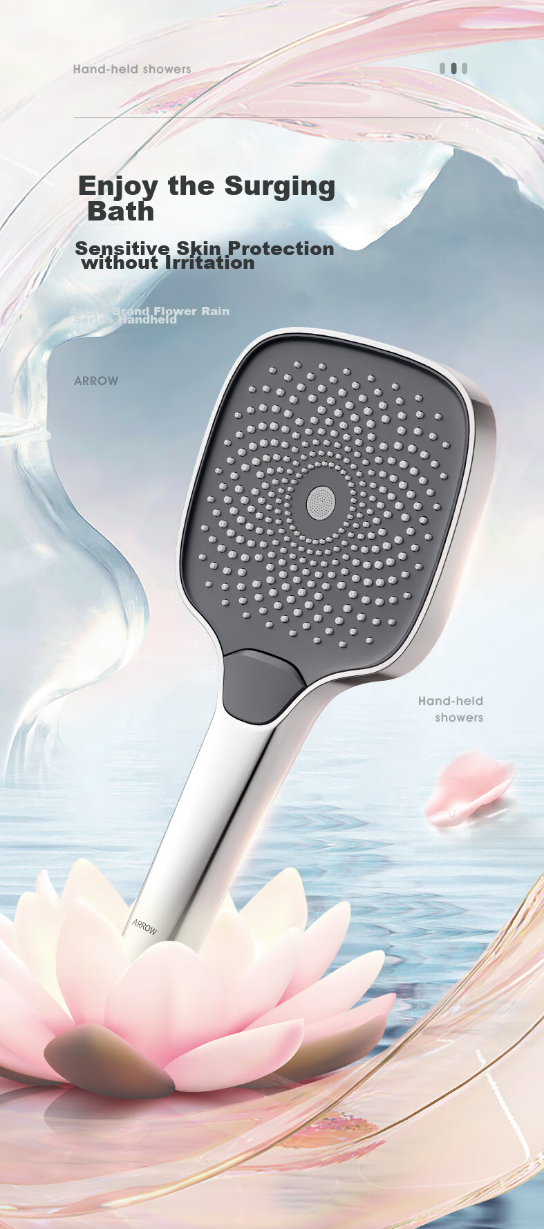 Душевая лейка ARROW AE58126CP, многофункциональная, с усилением напора, ABS пластик, 3 режима, Китай