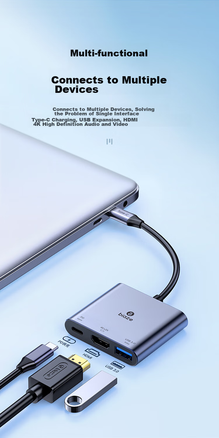 Адаптер-хаб BIAZE Type-C HDMI/USB 3.0/PD, конвертер для MacBook, подключение к проектору/монитору, USB-C хаб