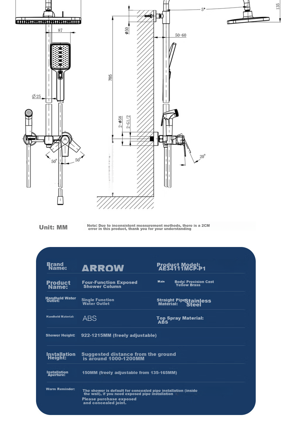 Душевой гарнитур ARROW K110 с верхней лейкой, комплект с ручным душем, высокое давление, AE34111MCP-P3
