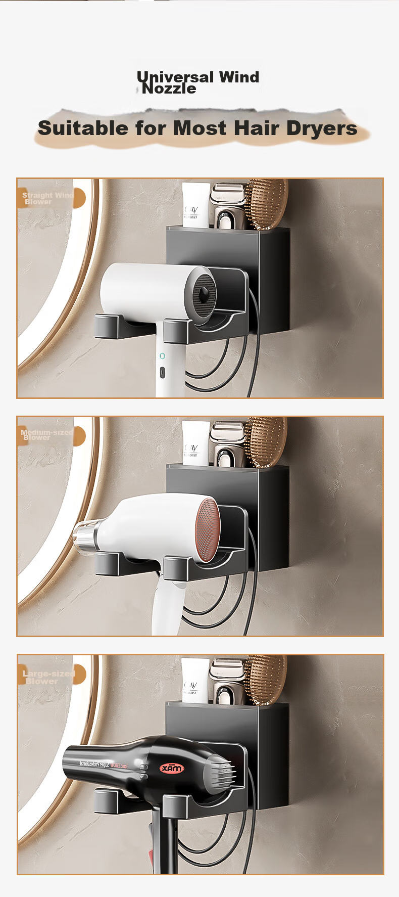 Держатель для фена Xinfei, без сверления, для Dyson, Lefen, Xiaomi, Panasonic, алюминий, серый