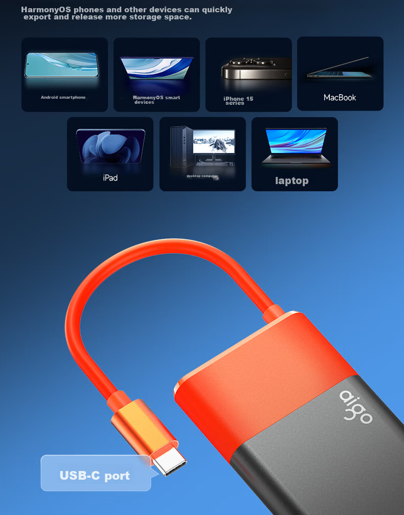 Портативный твердотельный накопитель Aigo S11, 1 ТБ, Type-C USB 3.2, скорость чтения до 520 МБ/с, встроенные кабели, идеально подходит для офисной работы, прямое подключение к телефону