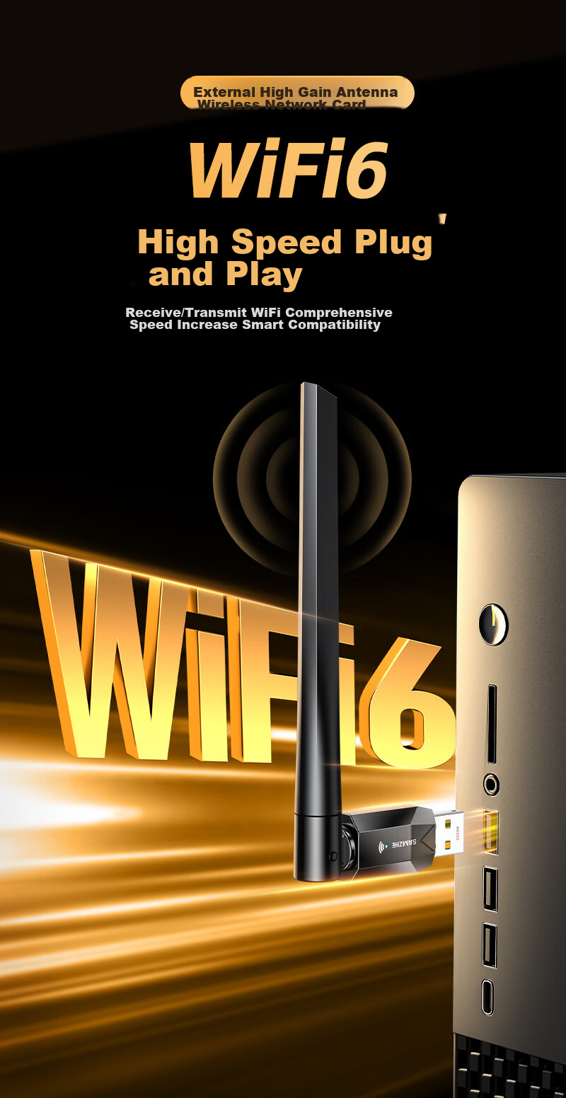Беспроводной USB-адаптер Wi-Fi 6 SAMZHE WRA33, внешний антенный модуль, 286 Мбит/с, 2.4 ГГц, USB