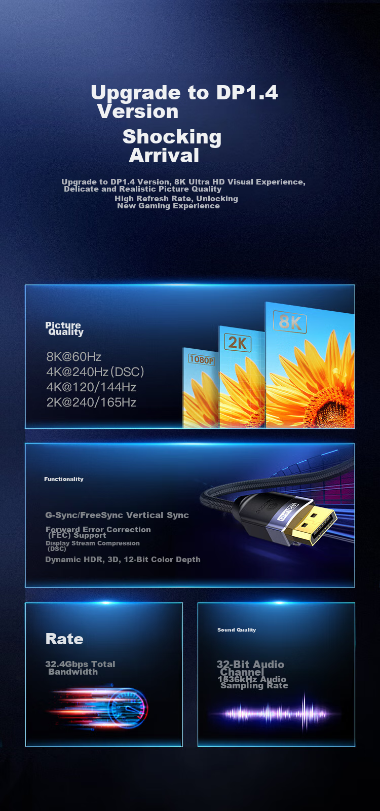 Кабель BIAZE DisplayPort 1.4, 8K, 3 метра, 4K240Hz, для подключения видеокарты к монитору, черный